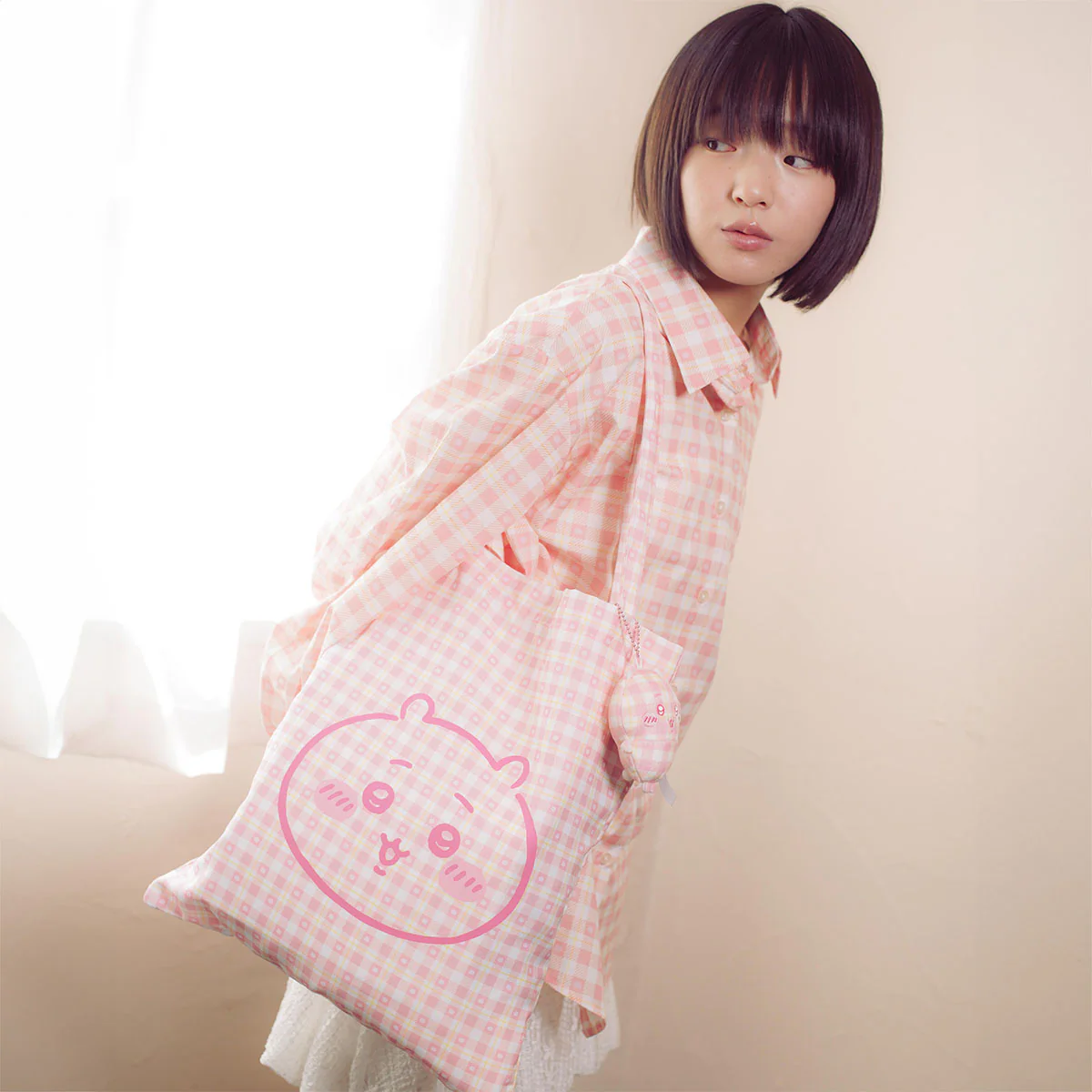 ちいかわ チェックシリーズ トートバッグ（チャーム付き）ちいかわ ピンク - Image 2