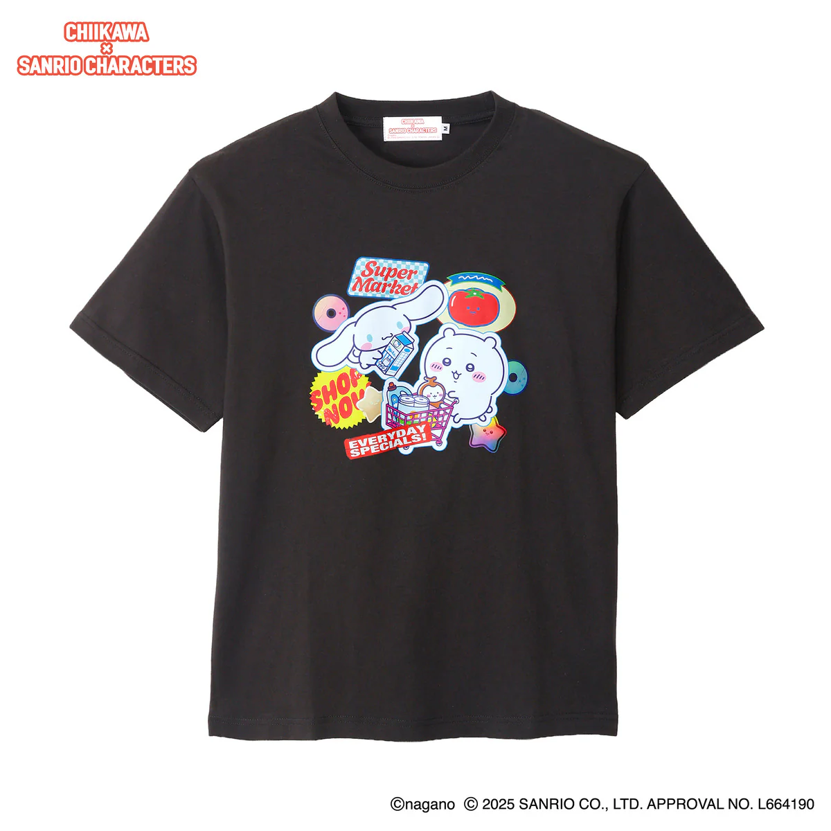 ちいかわ×サンリオキャラクターズ スーパーマーケットなTシャツ ちいかわ・シナモロール スミ - Image 4