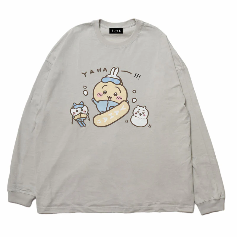 ちいかわ観光 ビックシルエットL/S Tシャツ うさぎスノボ(グレー) - Image 2